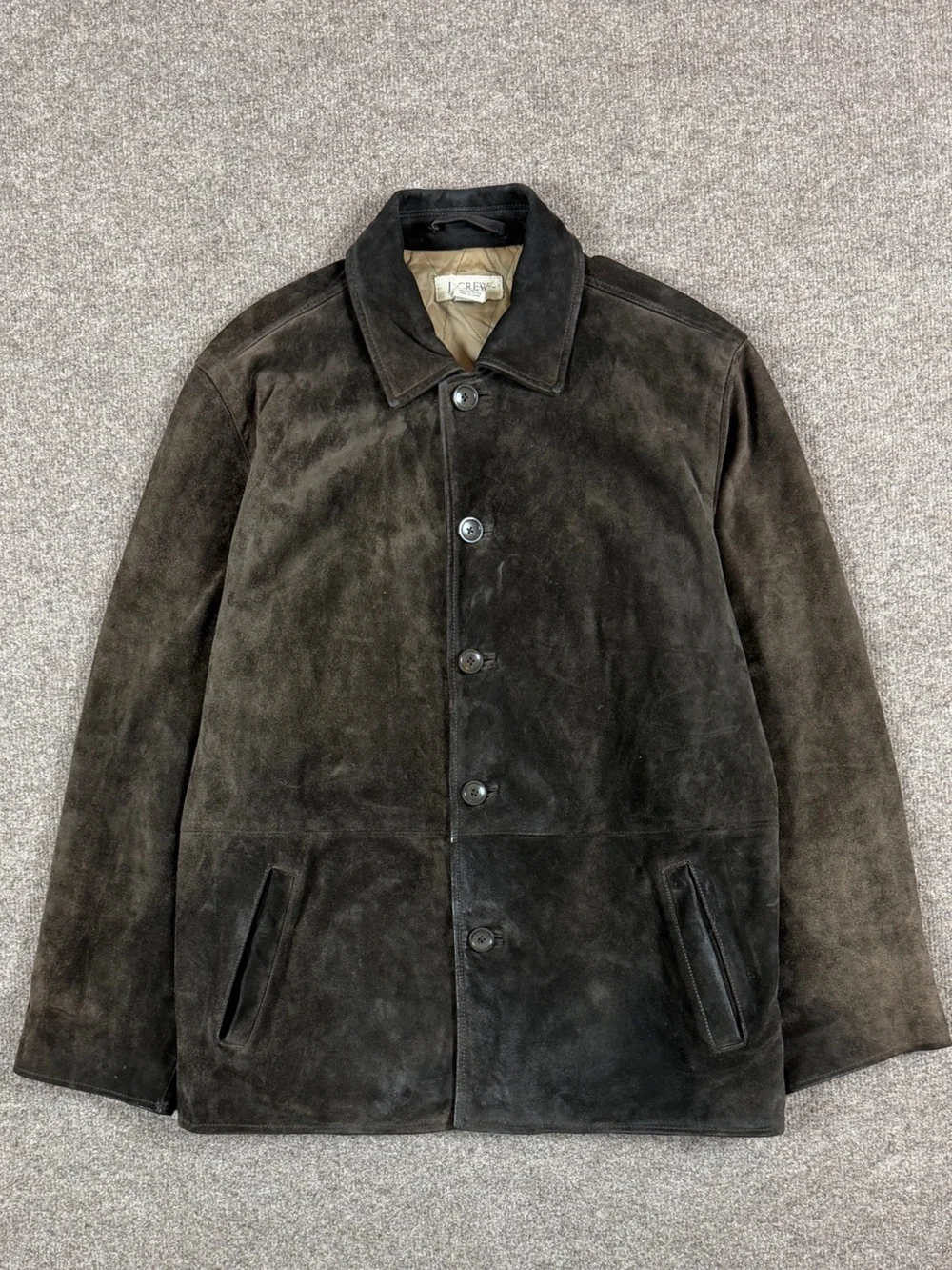 J Crew Brown Suede Leather Button Front Collared Harrington Jacket Men’s M Heavy